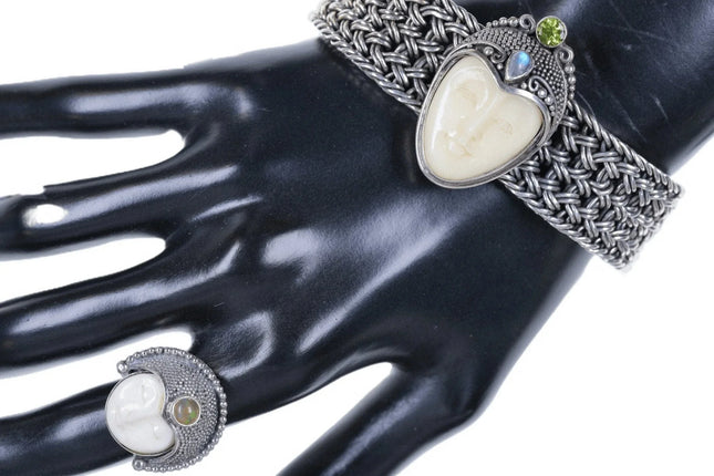 Vintage Heavy Sterling Carved face Bracelet and ring - Estate Fresh Austin