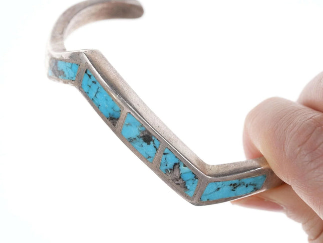 6.9" Vintage Kee Navajo Sterling silver Turquoise channel inlay cuff bracelet - Estate Fresh Austin