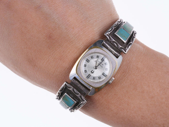 Vintage Ladies Sterling/Turquoise Native American watch bracelet with Bulova Acc - Estate Fresh Austin