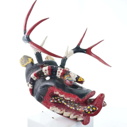 Vintage Mexican Diablo Dance mask with 8 point deer antlers and snakes - Estate Fresh Austin