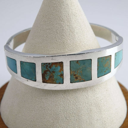 Vintage Mexican Silver Hinged Turquoise Inlaid Bracelet - Estate Fresh Austin