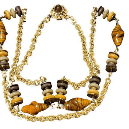 Vintage Miriam Haskell Necklace 32" gold tone with natural stones - Estate Fresh Austin