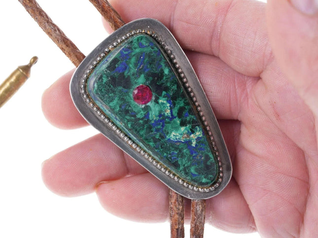 Vintage Modernist Azurite/Ruby Sterling bolo tie - Estate Fresh Austin