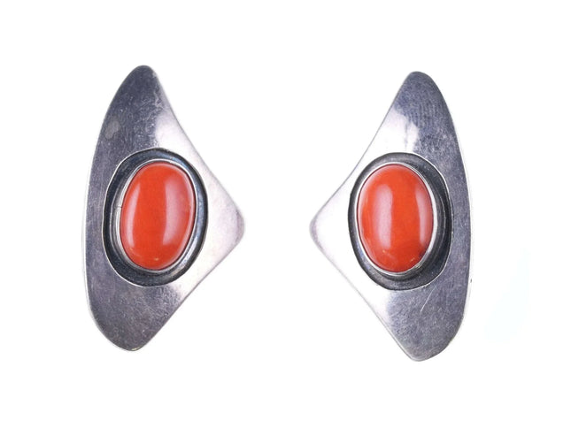 Vintage Modernist Bennett Sterling red Coral Clip-On Earrings - Estate Fresh Austin