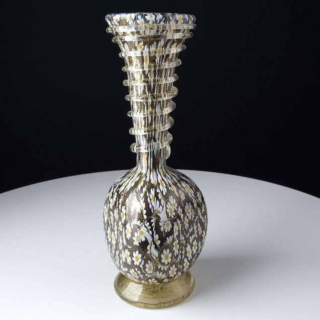 Vintage Murano Vase Black gold flecks with Daisies - Estate Fresh Austin