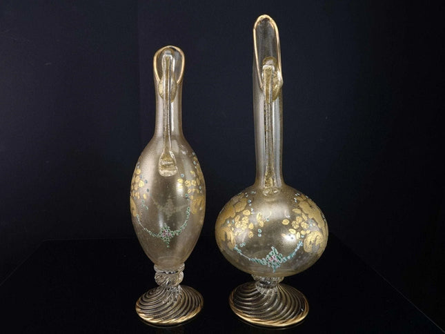 Vintage Murano Venetian Glass Ewers with gold flecks and hand painted flowers - Estate Fresh Austin