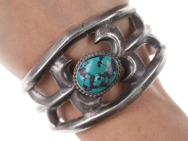 Vintage Native American Sandcast Sterling/turquoise cuff bracelet - Estate Fresh Austin