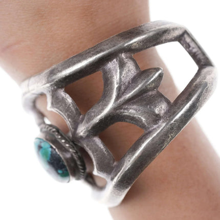 Vintage Native American Sandcast Sterling/turquoise cuff bracelet - Estate Fresh Austin