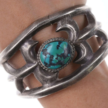 Vintage Native American Sandcast Sterling/turquoise cuff bracelet - Estate Fresh Austin
