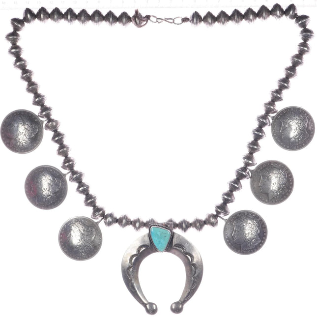 Vintage Native American Silver dollar mercury dime turquoise squash blossom necklace - Estate Fresh Austin