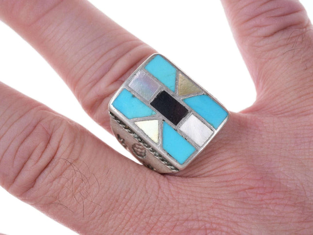 Vintage Native American silver turquoise, jet, and mother of pearl ring - Estate Fresh Austin