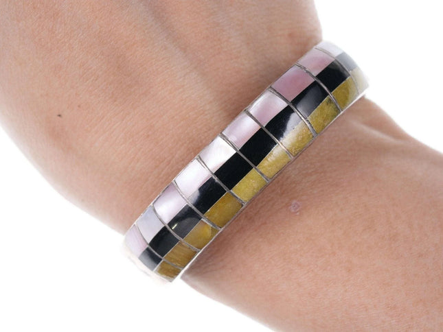 Vintage Native American Stamped Silver Shell and Jet channel inlay bracelet - Estate Fresh Austin