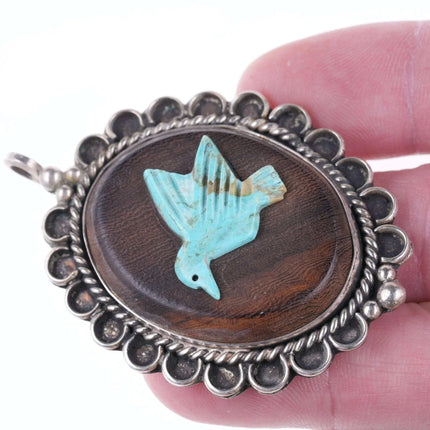 Vintage Native American Sterling Carved Duck on ironwood pendant - Estate Fresh Austin