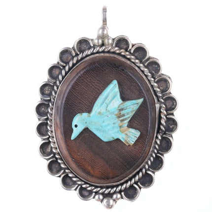 Vintage Native American Sterling Carved Duck on ironwood pendant - Estate Fresh Austin