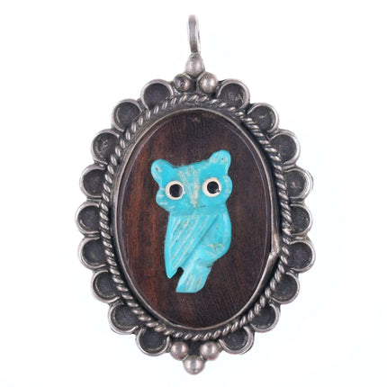 Vintage Native American Sterling Carved owl on ironwood pendant - Estate Fresh Austin