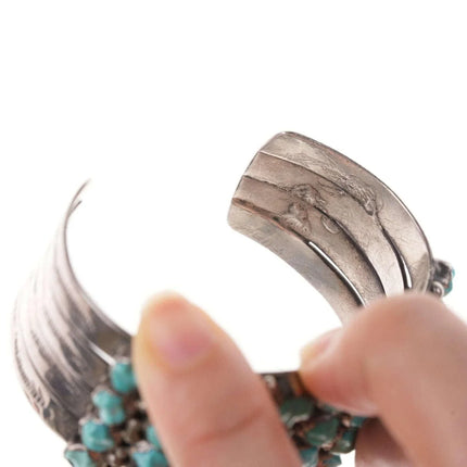 Vintage Native American Sterling Carved Turquoise and row cuff bracelet - Estate Fresh Austin