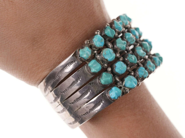 Vintage Native American Sterling Carved Turquoise and row cuff bracelet - Estate Fresh Austin