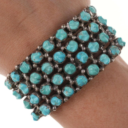 Vintage Native American Sterling Carved Turquoise and row cuff bracelet - Estate Fresh Austin