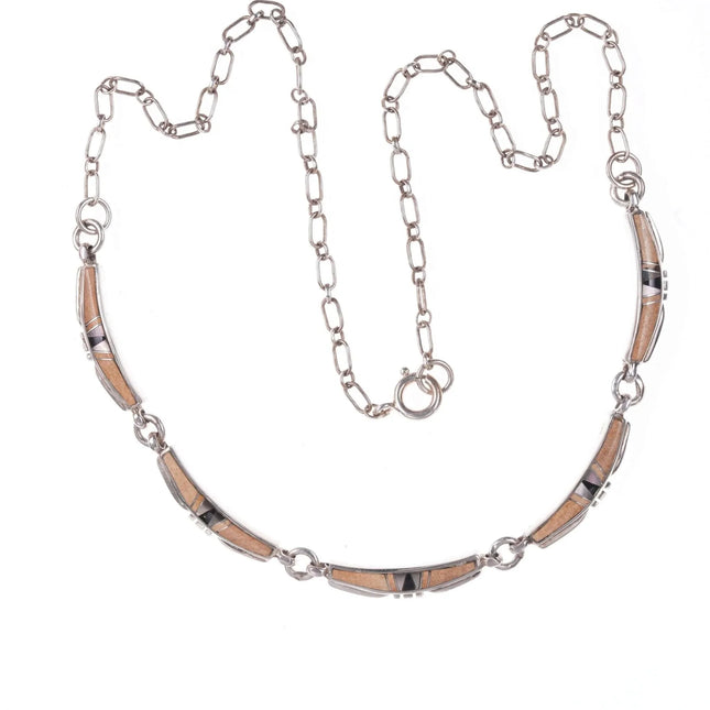 Vintage Native American Sterling Channel inlay Petrified wood, shell, and jet ne - Estate Fresh Austin