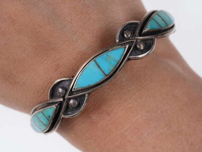 Vintage Native American Sterling channel inlay turquoise cuff bracelet j - Estate Fresh Austin