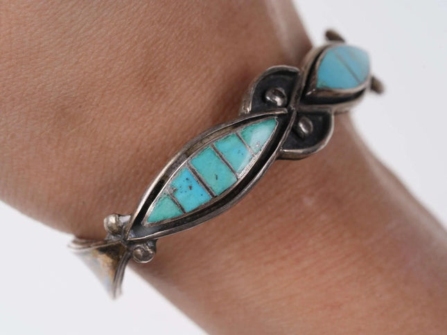 Vintage Native American Sterling channel inlay turquoise cuff bracelet j - Estate Fresh Austin
