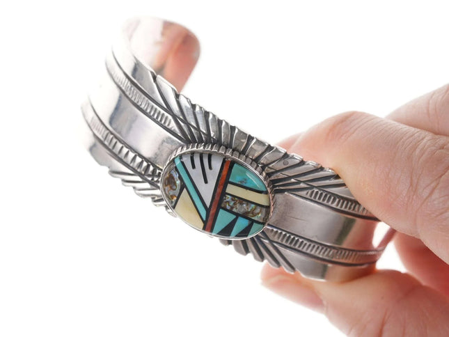 Vintage Native American Sterling Multi-Stone channel inlay cuff bracelet - Estate Fresh Austin