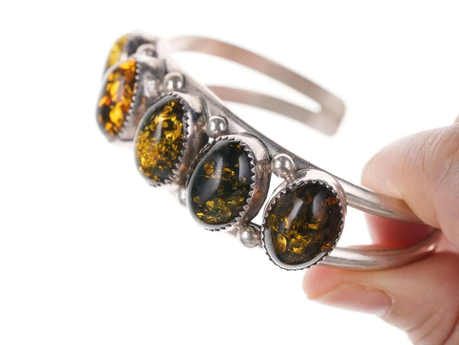 Vintage Native American Sterling Petrified tree sap cuff bracelet - Estate Fresh Austin