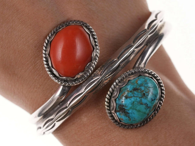 6.5" Vintage Native American Sterling Turquoise and coral Cuff bracelet k - Estate Fresh Austin