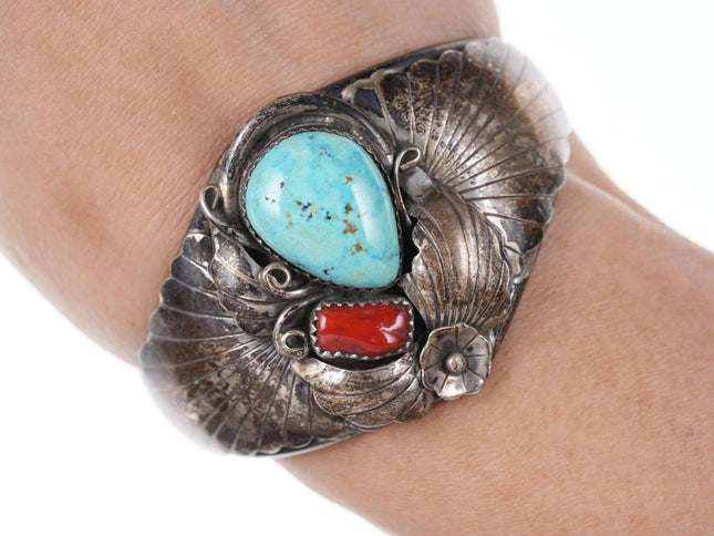 6.5" Vintage Native American sterling turquoise, and coral cuff bracelet - Estate Fresh Austin
