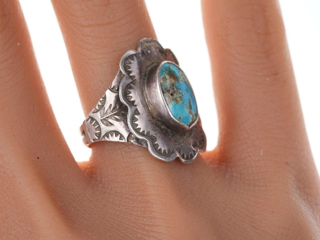 Vintage Native American Sterling Turquoise hand stamped size 7 ring - Estate Fresh Austin