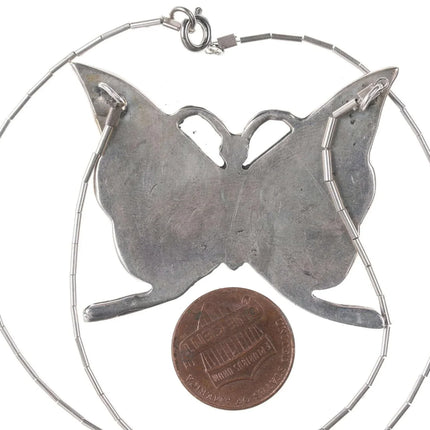 Vintage Native American Sterling turquoise/coral chip inlay butterfly necklace - Estate Fresh Austin