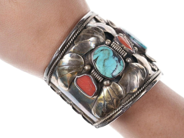 6.25"Vintage Native American Sterling/turquoise and coral cuff bracelet - Estate Fresh Austin