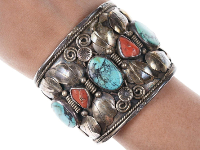 6.25"Vintage Native American Sterling/turquoise and coral cuff bracelet - Estate Fresh Austin