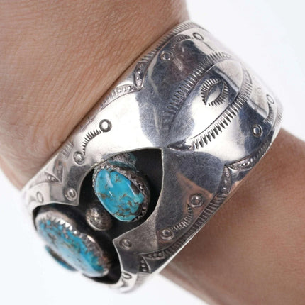6" Vintage Native American Sterling/turquoise Shadowbox Cuff bracelet - Estate Fresh Austin