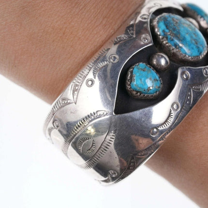 6" Vintage Native American Sterling/turquoise Shadowbox Cuff bracelet - Estate Fresh Austin