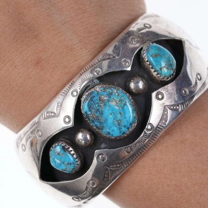6" Vintage Native American Sterling/turquoise Shadowbox Cuff bracelet - Estate Fresh Austin