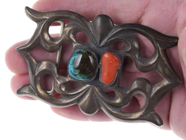 Vintage Native American tufa cast silver turquoise/coral belt buckle - Estate Fresh Austin