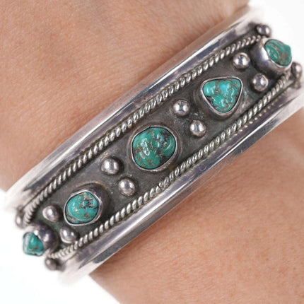 6.375" Vintage Native American Turquoise Sterling silver Row cuff bracelet - Estate Fresh Austin
