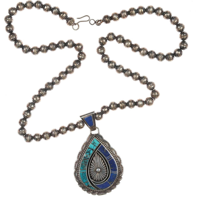 Vintage Native American Turquoise/Lapis Channel inlay sterling pendant/necklace - Estate Fresh Austin