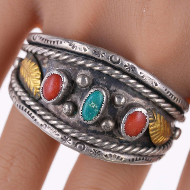4.5" Vintage Navajo Baby Cuff bracelet sterling, turquoise, and coral - Estate Fresh Austin