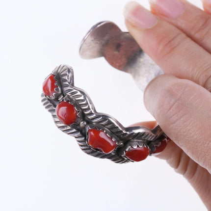 6.5" Vintage Navajo Hand Chiseled Silver and Coral bracelet - Estate Fresh Austin