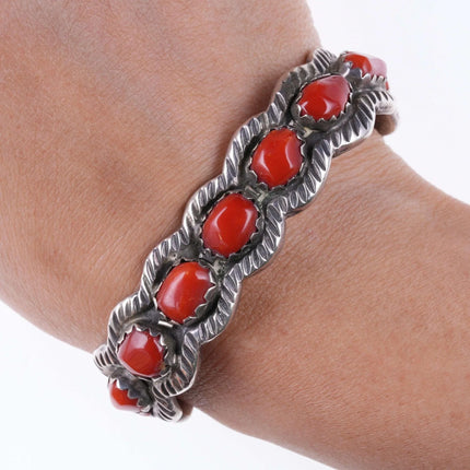 6.5" Vintage Navajo Hand Chiseled Silver and Coral bracelet - Estate Fresh Austin