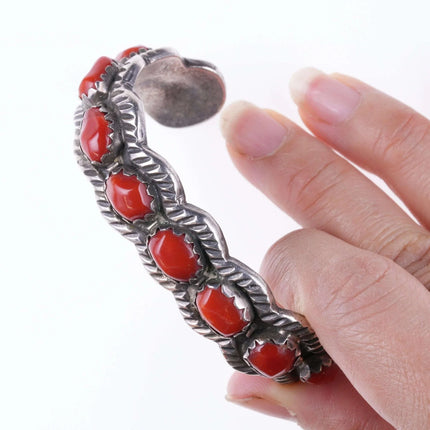 6.5" Vintage Navajo Hand Chiseled Silver and Coral bracelet - Estate Fresh Austin
