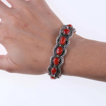 6.5" Vintage Navajo Hand Chiseled Silver and Coral bracelet - Estate Fresh Austin