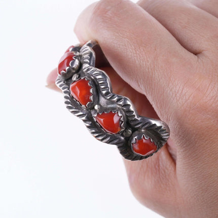 6.5" Vintage Navajo Hand Chiseled Silver and Coral bracelet - Estate Fresh Austin