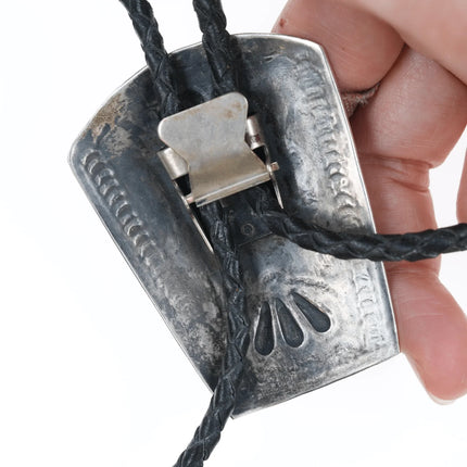 Vintage Navajo hand stamped silver bolo tie with turquoise - Estate Fresh Austin