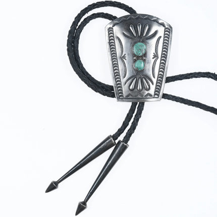 Vintage Navajo hand stamped silver bolo tie with turquoise - Estate Fresh Austin
