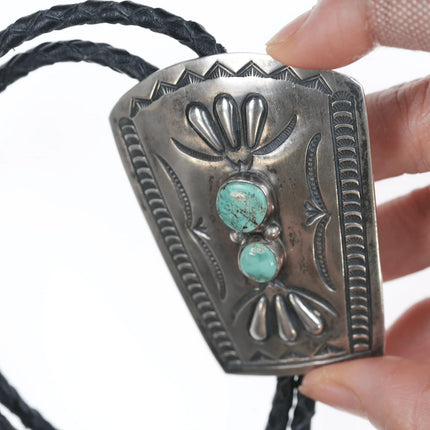 Vintage Navajo hand stamped silver bolo tie with turquoise - Estate Fresh Austin