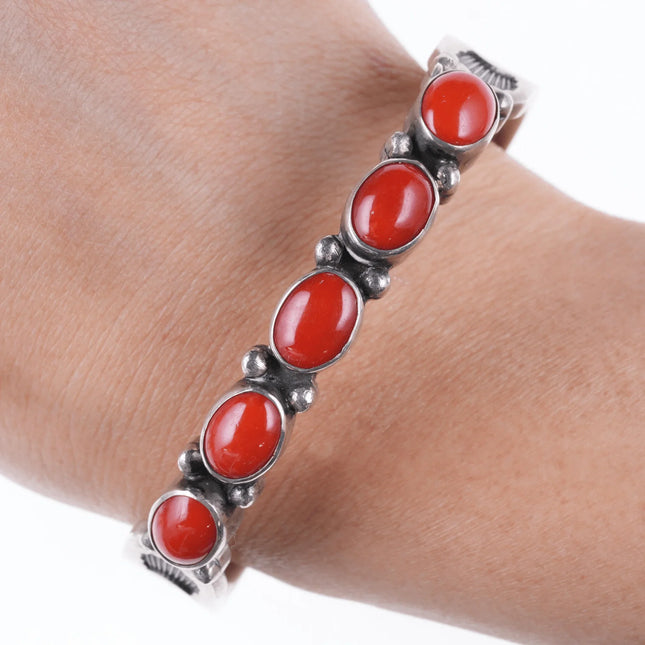 Vintage Navajo Heavy stamped silver and gem grade coral bracelet - Estate Fresh Austin