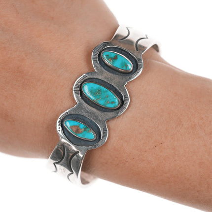 6.25" Vintage Navajo High grade turquoise silver row cuff bracelet - Estate Fresh Austin